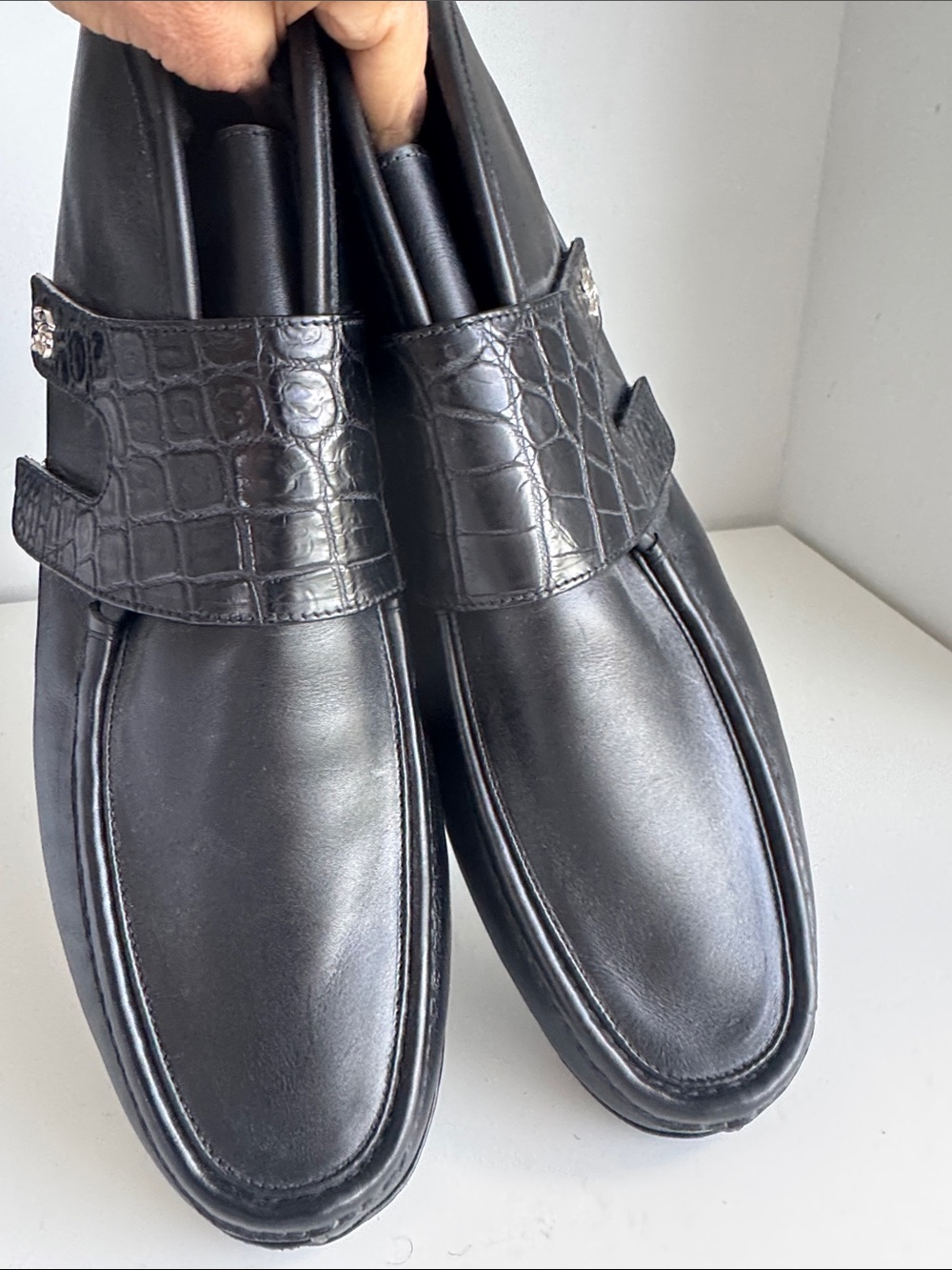Men's Black Leather Slip-On Loafers with Croc-Textured Strap